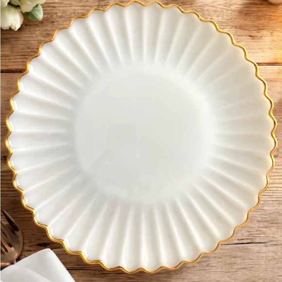Vintage Large Milk Glass Platter 14.5” Ruffled Edge 22k Gold Trim Anchor Hocking - Picture 1 of 6